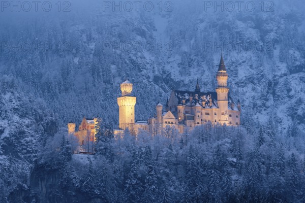 A majestic, illuminated castle in the middle of a snow-covered mountain landscape at night,