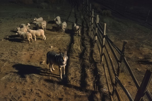 Aerial view, Top down view, A wolf stands at a pasture fence at night and observes a grazing flock