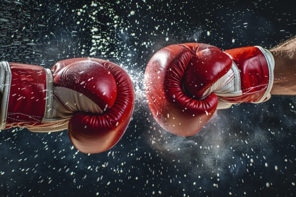 Close up of two red clashing boxing gloves in fight. Generative Ai, AI generated