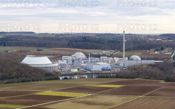 The decommissioned Neckarwestheim nuclear power plant lies in the middle of vast fields and forests