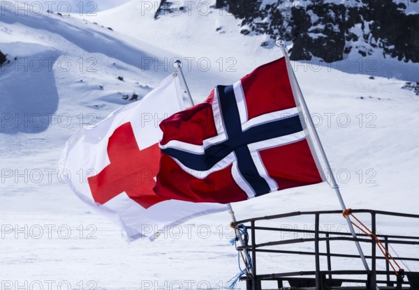 National day 17th May, snowscooter, norwegian flag, near Finse, highest railway station on railway