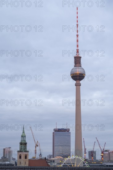 Hotel Park Inn and TV Tower, twilight, view from the roof terrace of the Humboldt Forum, Mitte,