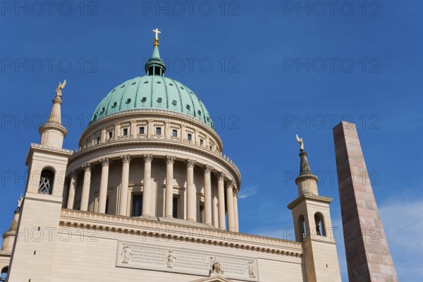 Close-up of a cathedral with a green dome under a clear sky, St. Nikolai Church, Alter Markt,