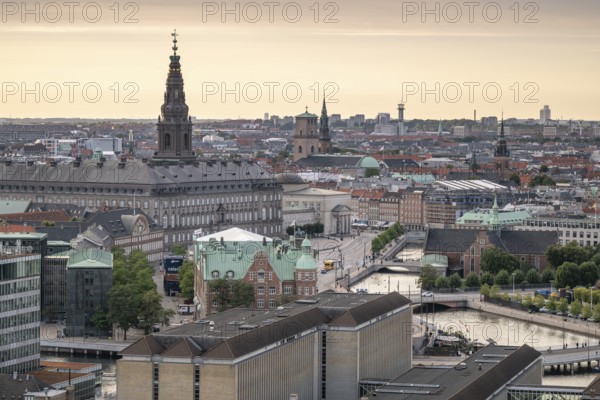 City centre with stock exchange, Christiansborg Palace and Gammel Strand, Copenhagen, Denmark,