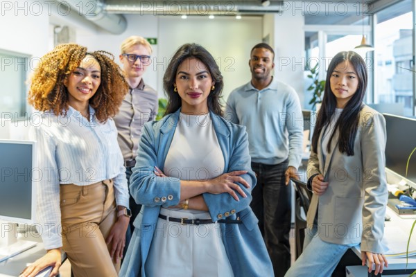 Multi ethnic team of professionals standing together in modern coworking office, showcasing