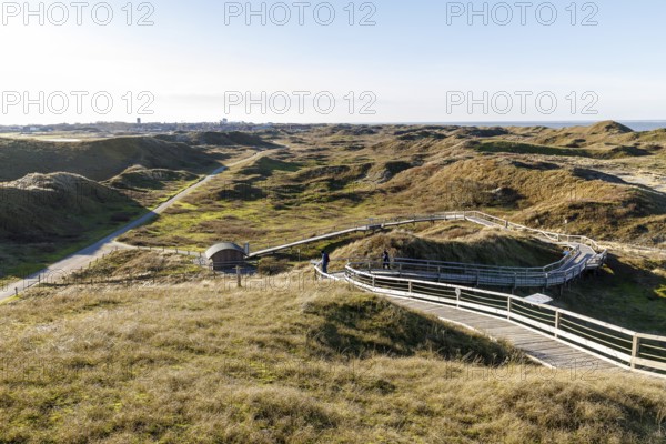 Handicapped-accessible boardwalk to the viewing dune, dune landscape in the national park, the town