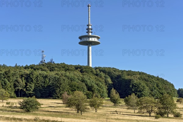 German Telekom telecommunications tower, transmission tower, forest, dry meadows, Hoherodskopf