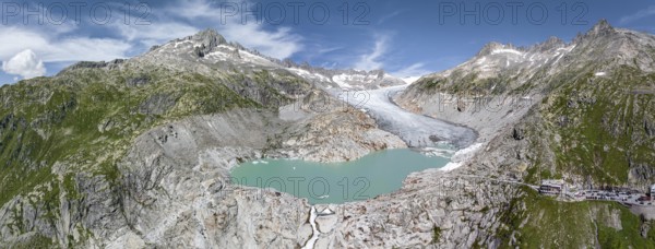 Rhone glacier, valley glacier in the headwaters of the Rhone in the Swiss Alps. Melting glacier,