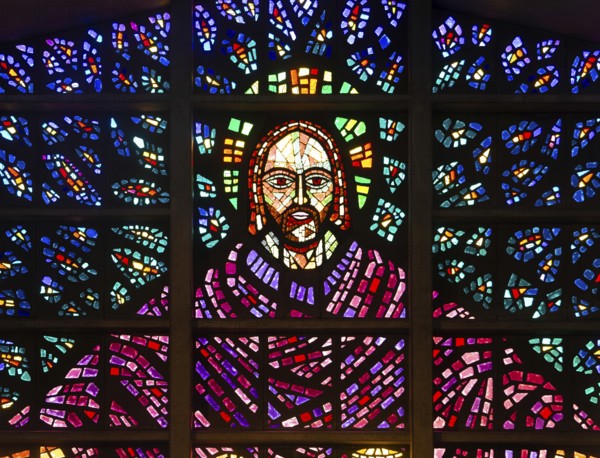Detail of Blessed Sacrament Chapel stained glass window, Buckfast Abbey, Buckfastleigh, Devon.