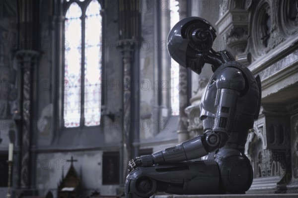 A humanoid sits in a church, signalling devotion and spirituality with its posture, vision of the