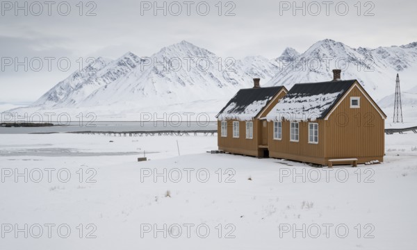 Ochre-coloured houses, research settlement, scientific settlement, wintry mountain landscape,