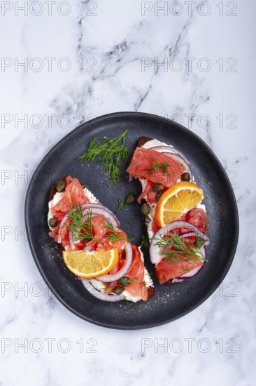 Sandwich with freshly smoked salmon, on black bread, with cottage cheese, with herbs and red