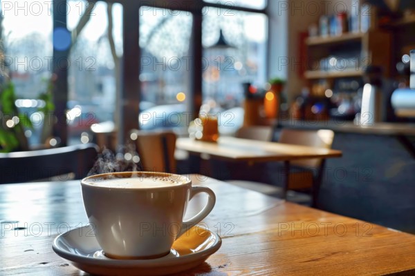 Coffee break in a stylish café with a view of the lively street atmosphere, AI generated, AI