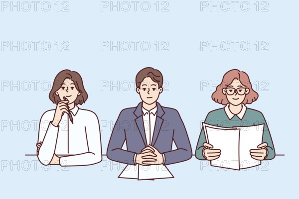 Business people from recruiting company with skeptical expression are conducting interview sitting