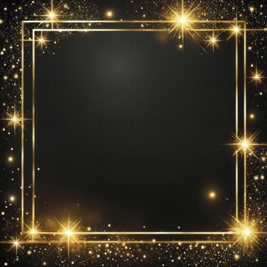 Golden frame with star bursts and glittering sparkles on a dark background, evoking a magical and