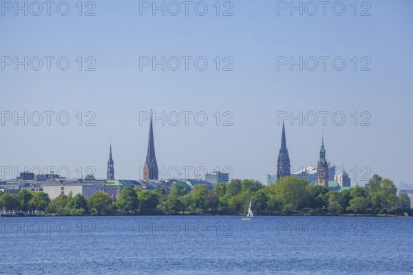 Outer Alster with St Peter's Church, City Hall, Elbe Philharmonic Hall concert hall and the former