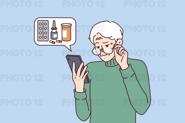 Elderly man orders medicines for home delivery using mobile phone from pharmacy application.
