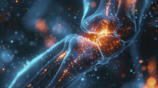 Digital art depicting a blue and orange neural network with glowing connective tissues and cells,