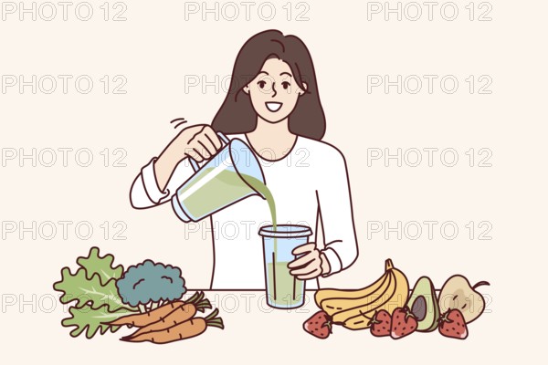 Woman drinks diet smoothie made in blender from organic fruits and vegetables with healthy vitamins