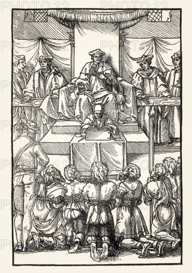 Praxis criminis persequendi, Conviction of the accused, 1541, by Geoffroy Tory, facsimile of the