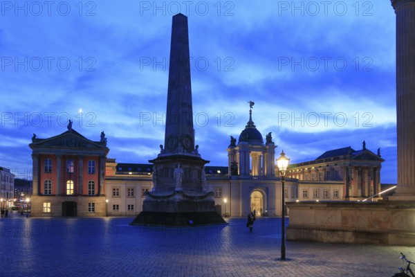 City Palace with Fortuna Portal, Obelisk, St. Nikolai Church, Old Market in the evening, Potsdam,