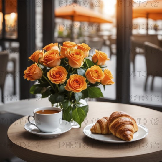 A cozy patio breakfast scene with orange roses, croissants, and a cup of coffee on a table with