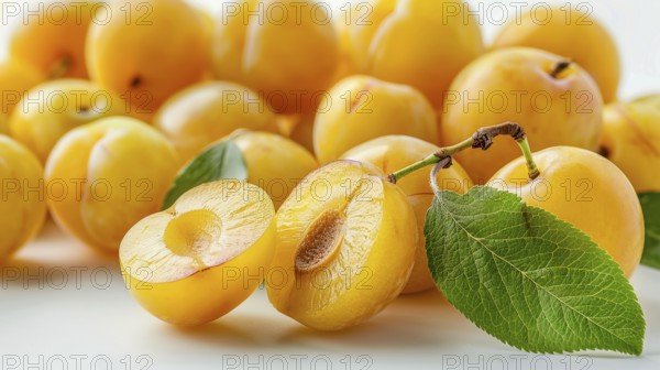 Fresh yellow plums (Prunus domestica) with leaves on a white background, emphasizing their natural