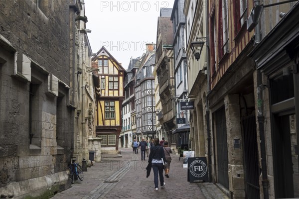 Rouen, France, August 30, 2018: Old houses in the tourist center of Rouen, built in the traditional