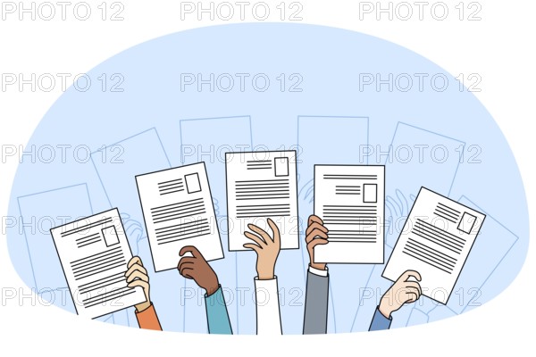 Diverse people hands raise up holding resume or CV offer candidacy at open position. Applicants or