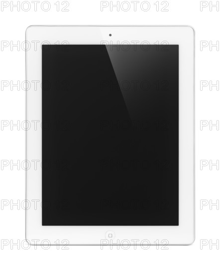 White Apple iPad 2 tablet computer with blank display. Isolated with clipping path on white