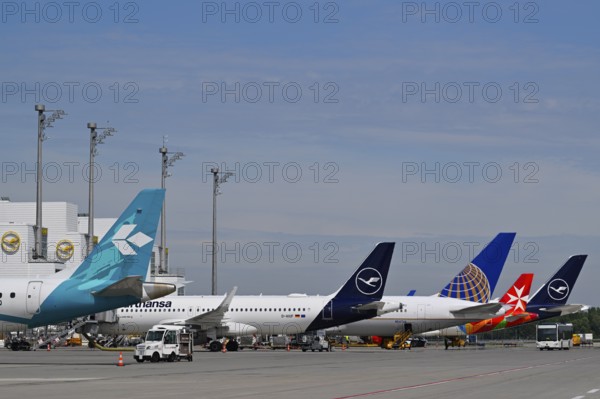 Various Lufthansa, Air Dolomiti, United Airlines, Air Malta, aircraft at check-in position in front