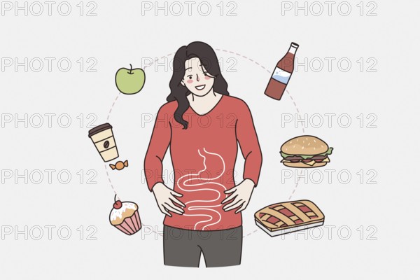 Gastro system and healthy digestion concept. Young smiling woman cartoon character standing showing