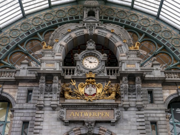 Opulent, historic interior view of the old Antwerp-Centraal terminus station with the famous old