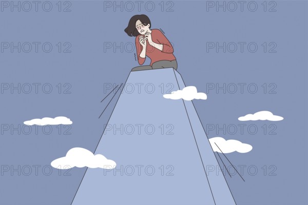 Acrophobia and fear of heights concept. Young stressed woman cartoon character sitting on peak of