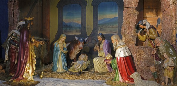 Christmas cot, Holy Family, Three Wise Men, Parish Church of St Peter and Paul, Dieburg, Hesse,