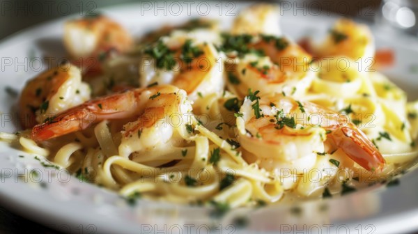 A plate of shrimp linguine garnished with parsley, capturing the essence of Italian cuisine, AI