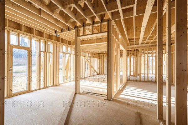 Unfinished interior of a prefabricated contemporary house. Construction site, building future home.