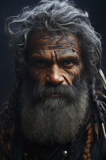 Portrait Papuan man with colourful face painting, feathers, body jewellery, indigenous people,