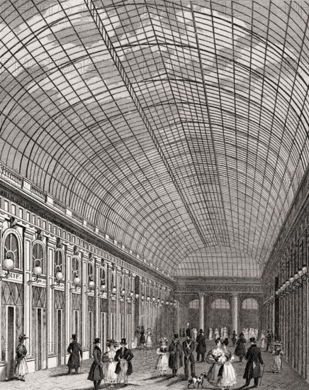 Galerie d'Orléans, Palais-Royal, Paris, antique steel engraved print, 1831