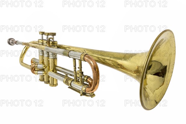 Old rusty trumpet with dents and scratches painted on white