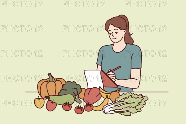 Woman nutritionist is standing near table with vegetables and making notes in notebook, making plan