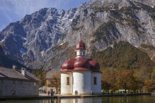 Pilgrimage church St. Bartholomä with Watzmann east face at Königssee in autumn, Schönau,