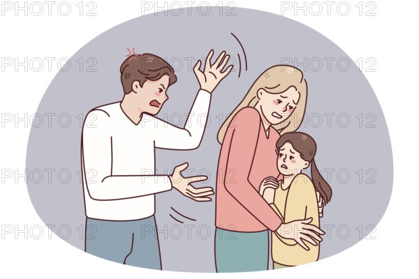 Mother protect child from aggressive father. Woman hide kid from authoritarian husband. Family