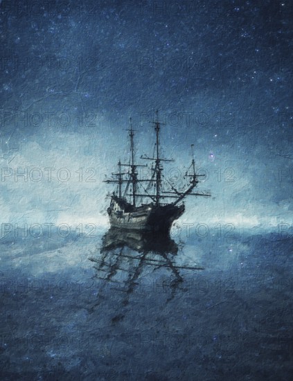 Beautiful painting of a ghost ship floating on the blue sea under the starry night sky. Wonderful