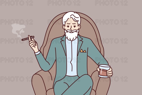 Elderly man aristocrat sits in armchair in expensive formal suit and drinks brandy with cigar.
