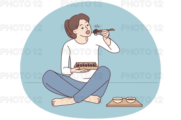 Happy young woman sit on floor eating sushi with chopsticks. Millennial female enjoy traditional