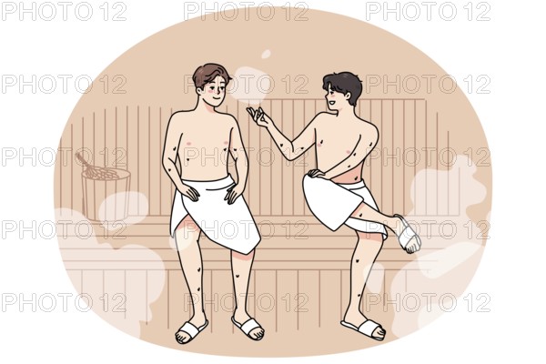 Happy male friends in towels relax in sauna on weekend together. Smiling men enjoy bathhouse