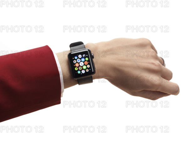 Woman hand with Apple Watch series 2 smartwatch on her wrist displaying app icons isolated on white