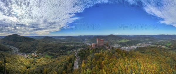 Aerial view, Reichsburg Trifels, Annweiler, Palatinate, Rhineland-Palatinate Forest in autumn,