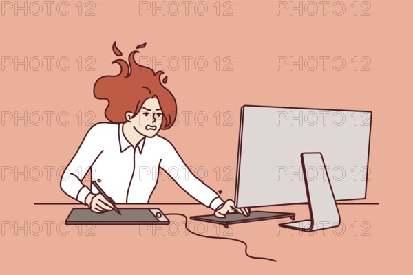 Nervous woman freelancer sitting at computer, feeling pressure due to tight deadlines to complete